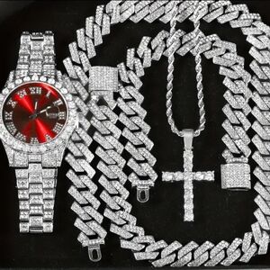 Dazzling Silver Watch and Jewelry Set with Red Dial